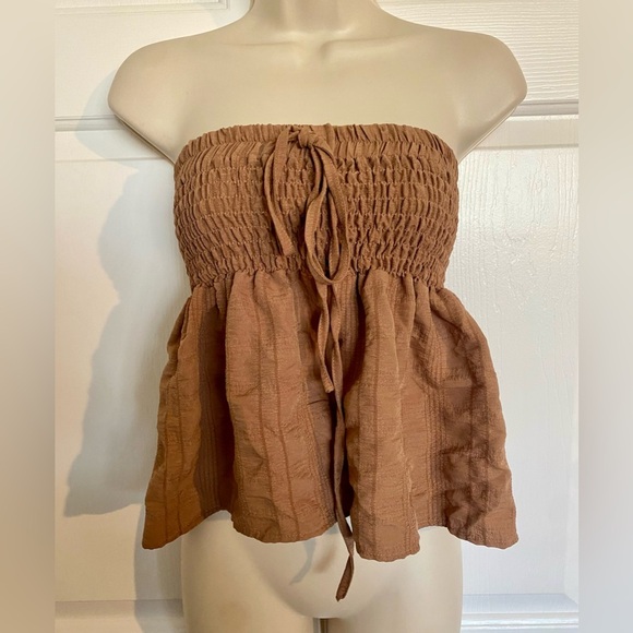 Tops - Brown Smocked Tube Top Sleeveless Blouse